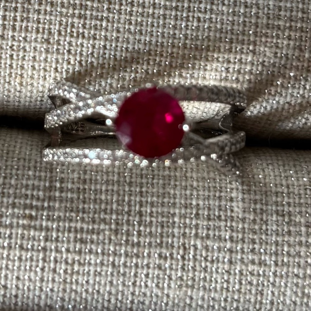 Ruby Red Moissanite Sterling Silver Crossover Ring - image 3